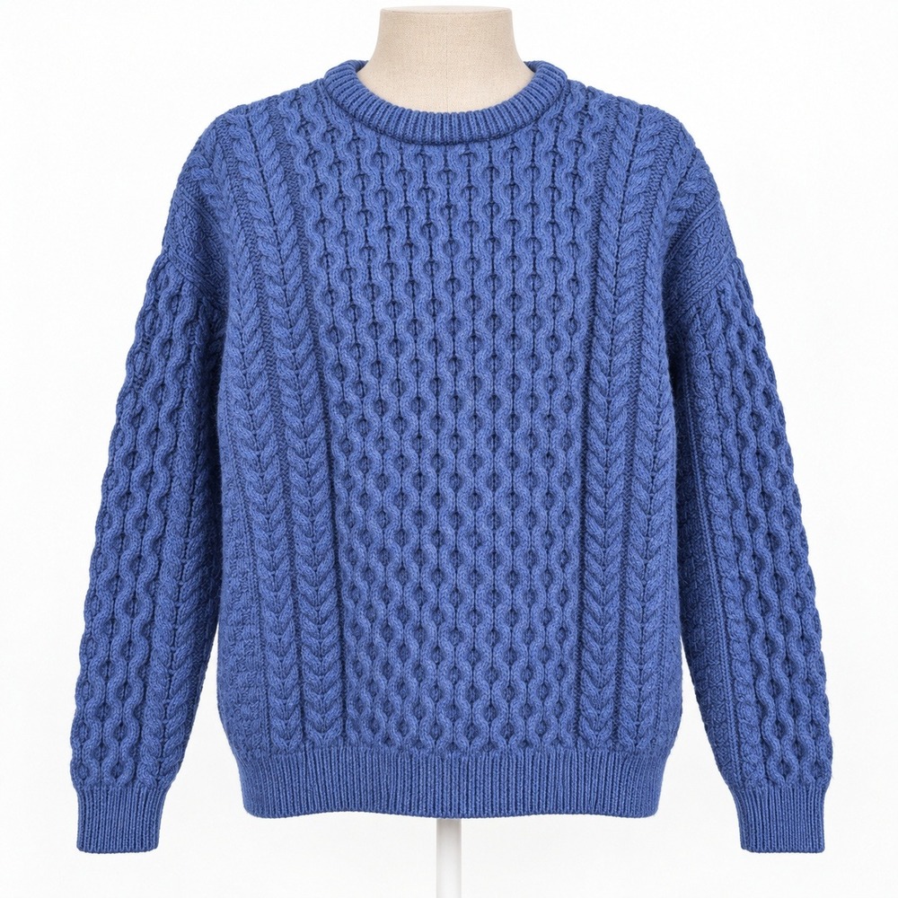 Vintage 90s Aran Crafts 100% Merino Wool Cable Knit Sweater Size L Blue Ireland